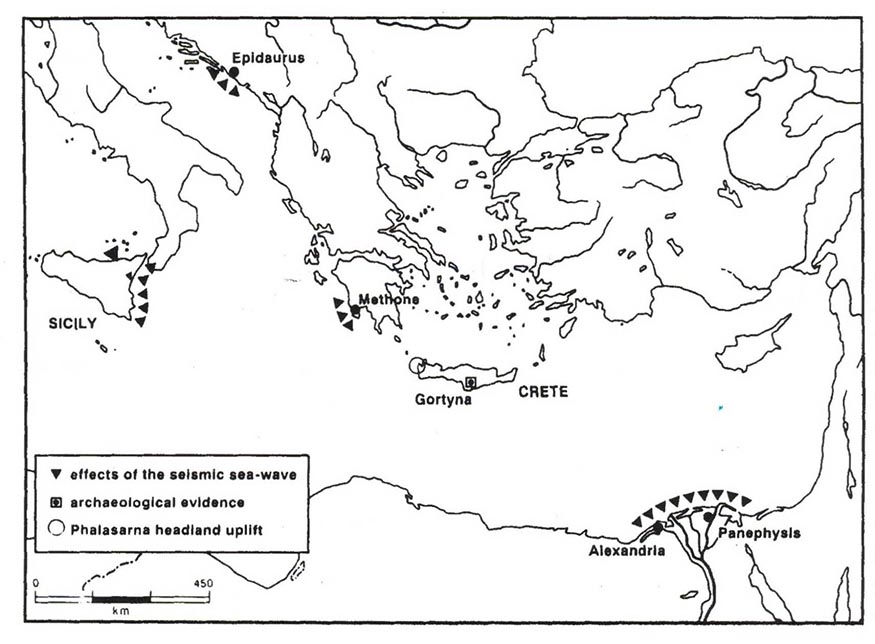 2 Πληγείσες περιοχές από σεισμό και τσουνάμι 21.07.365μ.Χ. Πηγή Εθνικό Ινστιτούτο Γεωφυσικής Ρώμης