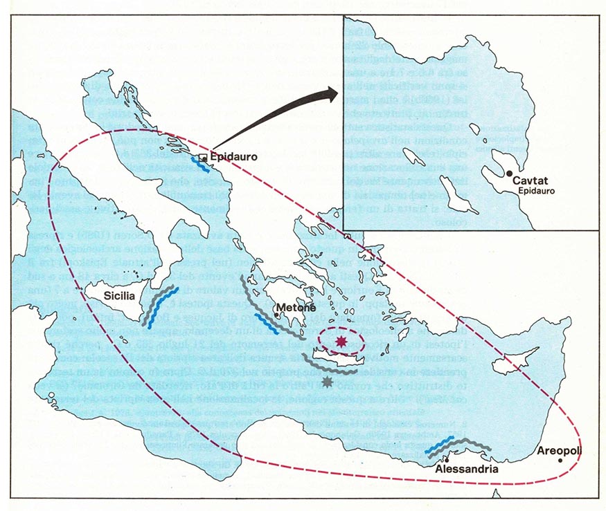 3 Πληγείσες περιοχές από σεισμό και τσουνάμι 21.07.365μ.Χ. Πηγή Εθνικό Ινστιτούτο Γεωφυσικής Ρώμης